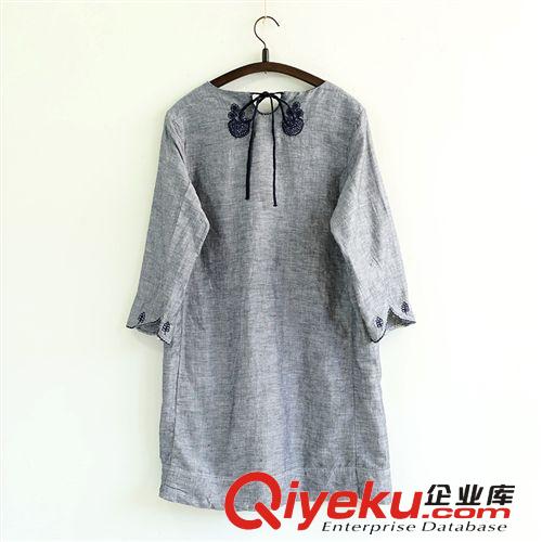 266-0167懷舊復(fù)古2014秋裝袖口刺繡花邊系帶圓領(lǐng)棉麻七分袖連衣裙