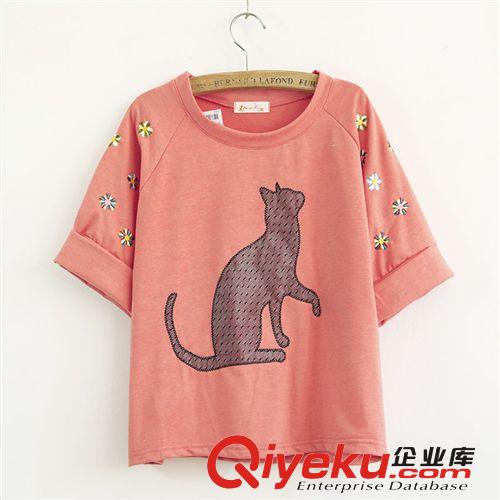 132-0259新款甜美風(fēng)夏季女裝上衣網(wǎng)紗貓貼布刺繡花朵插肩短袖T恤
