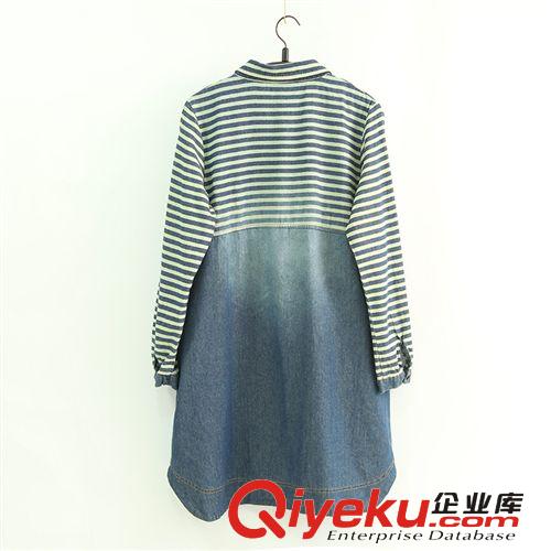 105-0278日系秋款新品原宿風個性貼標條紋拼接做舊牛仔衫長款襯衫