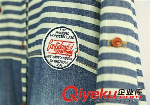 105-0278日系秋款新品原宿風個性貼標條紋拼接做舊牛仔衫長款襯衫