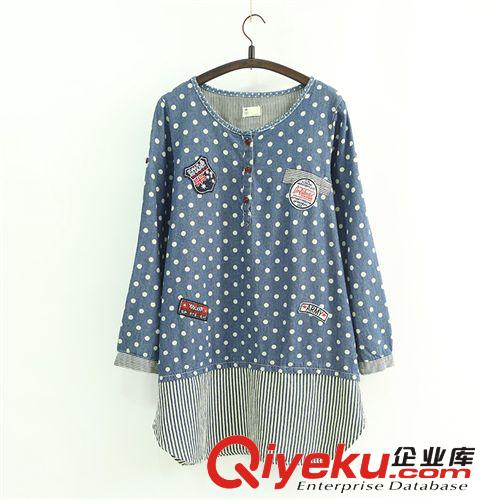 105-0277秋季2014日式學(xué)院個(gè)性貼標(biāo)條紋拼接圓點(diǎn)圓領(lǐng)做舊牛仔襯衫