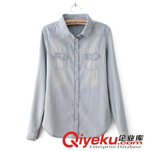 2014春夏季{zx1}款女裝 長(zhǎng)袖牛仔襯衫 日系修身牛仔襯衣 女原始圖片2
