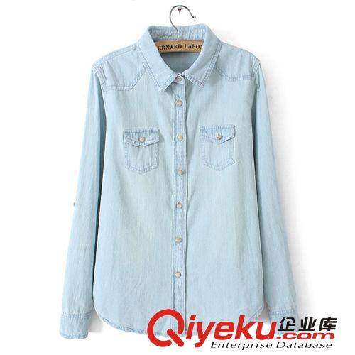 2014春夏季{zx1}款女裝 長(zhǎng)袖牛仔襯衫 日系修身牛仔襯衣 女原始圖片3