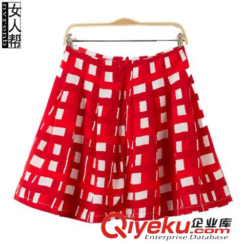 女人帮 2014夏季新款半身裙批发 欧美高腰修身格纹A字裙半身短裙