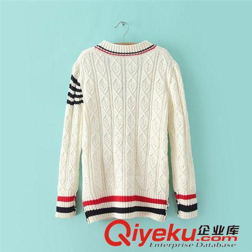 C402-8608 歐洲站女裝時尚新品 條紋拼接女式開衫毛衣加厚原始圖片2