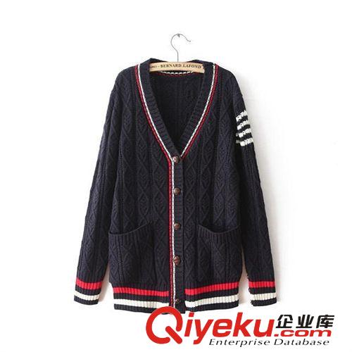 C402-8608 歐洲站女裝時尚新品 條紋拼接女式開衫毛衣加厚原始圖片3