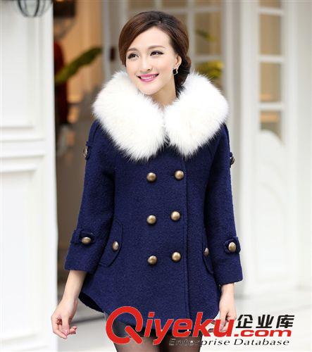 2014秋冬裝新品 韓版女裝修身毛呢大衣純色雙排扣女外套批發(fā)