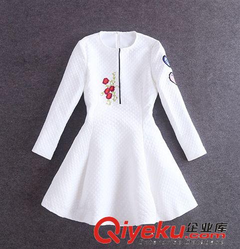 歐洲站品牌15早春走秀新款 女裝gd刺繡花長(zhǎng)袖圓領(lǐng)大擺棉連衣裙