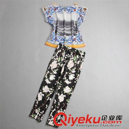大牌同款 歐根紗印花蝙蝠袖上衣+印花七分褲 歐美風(fēng)休閑套裝 南油原始圖片2