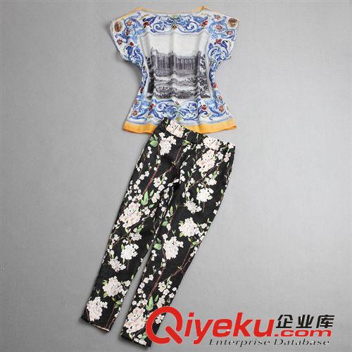大牌同款 歐根紗印花蝙蝠袖上衣+印花七分褲 歐美風(fēng)休閑套裝 南油原始圖片3
