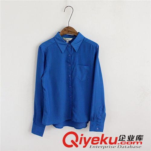 2014春裝新款外貿(mào)出口原單長(zhǎng)袖翻領(lǐng)雪紡襯衫襯衣寶藍(lán)白色奶白