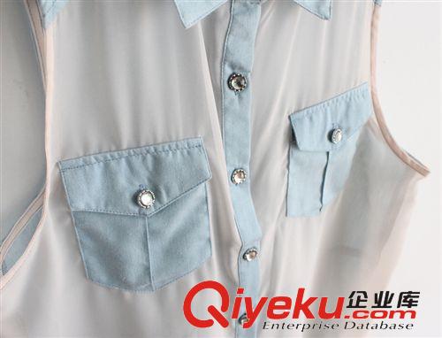 2014夏季新款外貿(mào)出口原單雪紡牛仔拼色翻領(lǐng)無袖襯衫襯衣