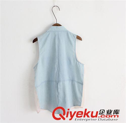 2014夏季新款外貿(mào)出口原單雪紡牛仔拼色翻領(lǐng)無袖襯衫襯衣