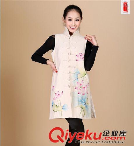 原創(chuàng)民族風女冬裝棉馬甲 手繪荷花亞麻唐裝棉馬夾 立領(lǐng)盤扣棉坎肩