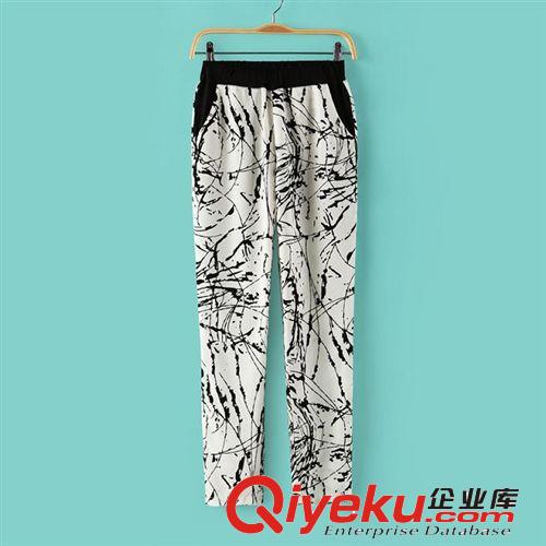 明星同款套裝2014潑墨印花休閑褲女式哈倫褲女式鏤空T恤4279-96
