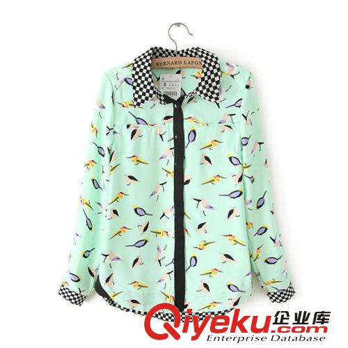 2014小鳥印花襯衣黑白方格領(lǐng)襯衫長袖襯衣女雪紡衫72710-83原始圖片2