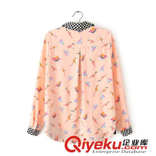 2014小鳥印花襯衣黑白方格領(lǐng)襯衫長袖襯衣女雪紡衫72710-83原始圖片3