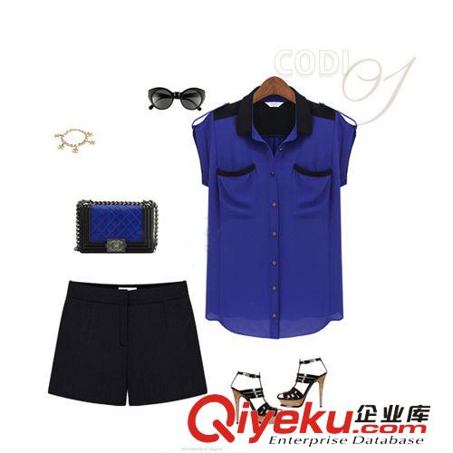 2014夏季拼色簡(jiǎn)章襯衫短袖女式休閑襯衣襯衫雪紡衫6169-64原始圖片3