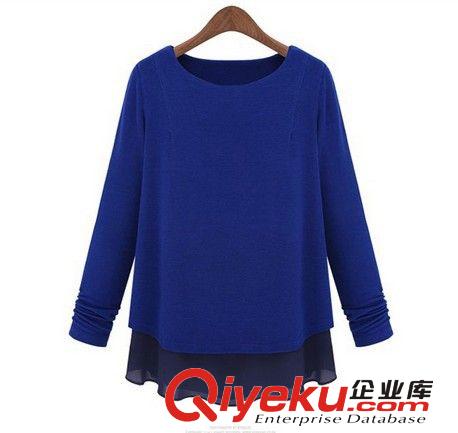 2013秋裝新款歐美女裝加厚雪紡衫長袖圓領拼接打底針織衫批發原始圖片3