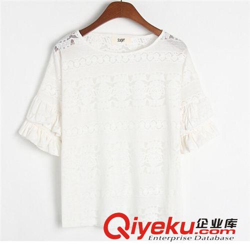 夏季新款 批發(fā)直銷 韓版刺繡荷葉邊喇叭袖蕾絲衫原始圖片2