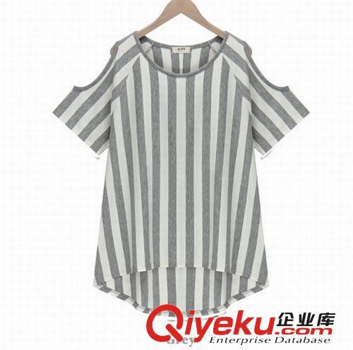 歐洲站女裝 2014歐洲站夏季新款女裝修身豎條紋露肩T恤上衣原始圖片2