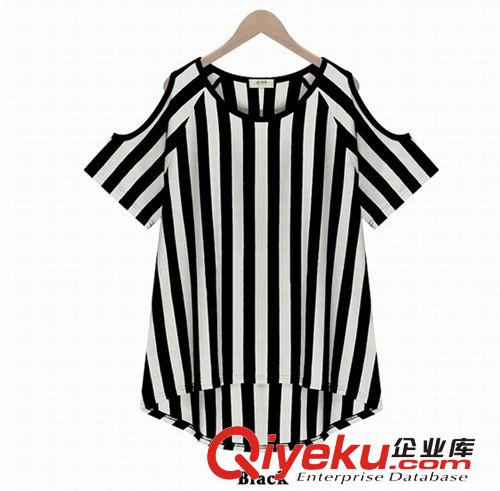 歐洲站女裝 2014歐洲站夏季新款女裝修身豎條紋露肩T恤上衣原始圖片3