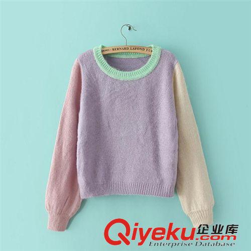 2014秋冬季新款 溫暖拼色小清新兔毛撞色袖套頭毛衣女5093