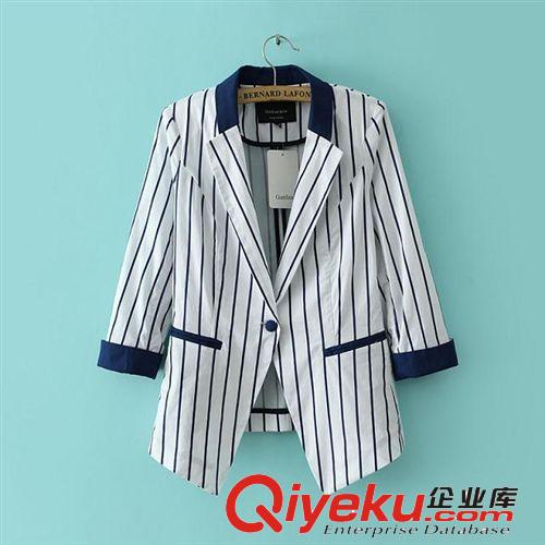 2014秋季新款 VM同款撞色領(lǐng)豎條紋修身女式小西裝西服外套4148原始圖片2
