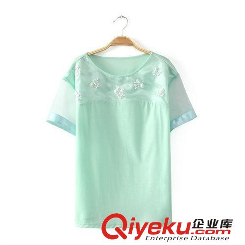 14新款 歐美時(shí)尚小清新釘珠百搭歐根紗拼接T恤x21-6-3208原始圖片2