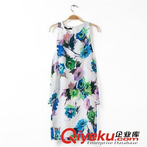 14夏季新款歐美女裝 專柜同款疊層印花無(wú)袖連衣裙sb-3200原始圖片2