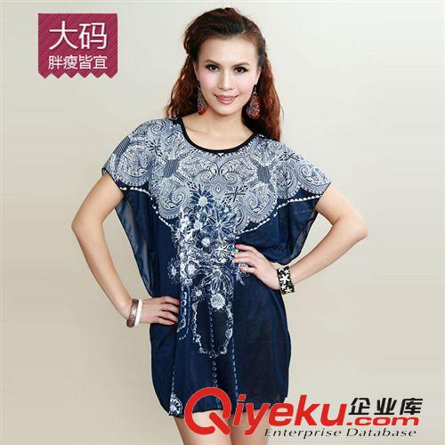 2013新款民族風復古花紋蝙蝠袖大碼冰絲媽媽裝連衣裙kcF20原始圖片2