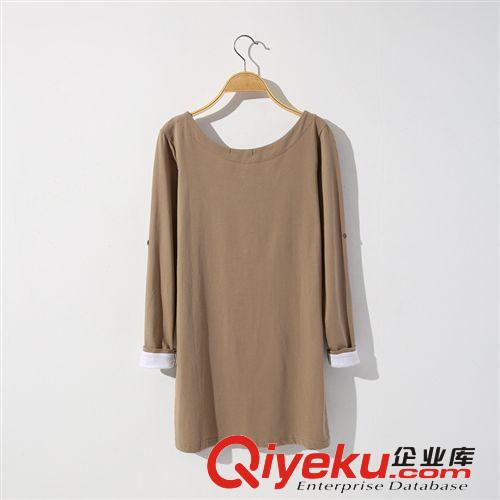 時(shí)尚簡約韓版新款女裝圓領(lǐng)拼接長袖百搭純色女式T恤 S193原始圖片2