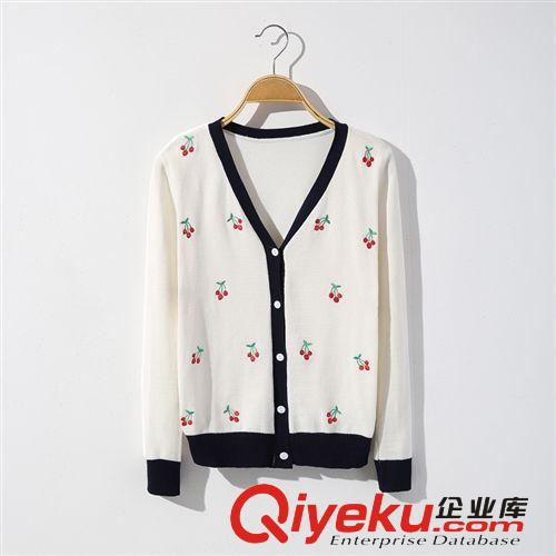 韓版時(shí)尚秋裝新款簡(jiǎn)約V字領(lǐng)櫻桃圖案印花女式針織衫 S191