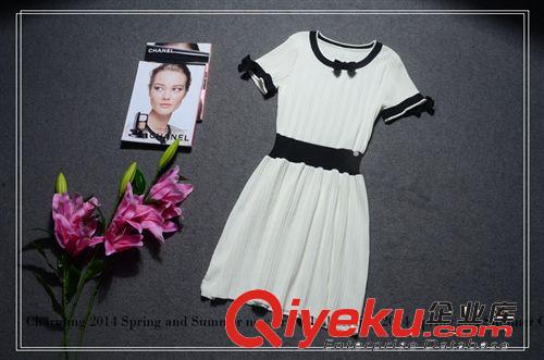 歐美女裝2014新款 時尚氣質(zhì)蝴蝶結(jié)扎花撞色拼接針織連衣裙gc2566原始圖片2