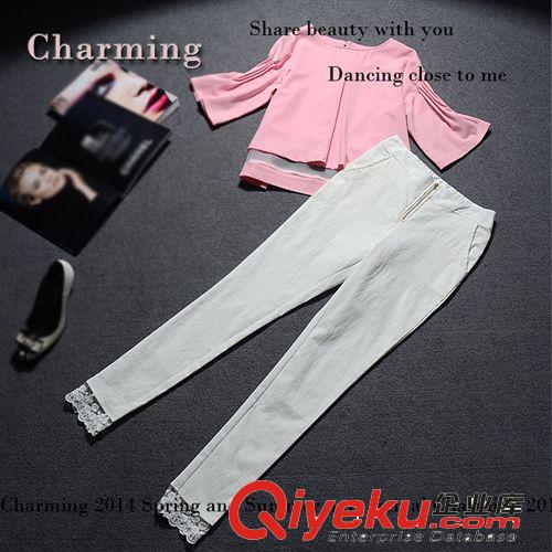 2014夏季新品歐美女裝 時(shí)尚氣質(zhì)白色V領(lǐng)九分連體褲 送腰帶gc2472