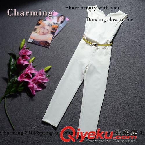 2014夏季新品歐美女裝 時(shí)尚氣質(zhì)白色V領(lǐng)九分連體褲 送腰帶gc2472