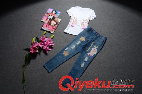 歐洲站dp新款2014春夏 可愛圖案繡花短袖t恤+牛仔褲套裝 gc2364原始圖片3