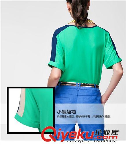 tj2013夏裝V M雪紡蝙蝠袖拼色短袖T恤衫女襯衫原始圖片3