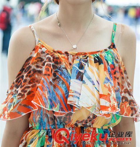實(shí)拍夏裝印花雪紡連衣裙 韓版修身女裝吊帶大裙擺荷葉邊連衣長(zhǎng)裙原始圖片3