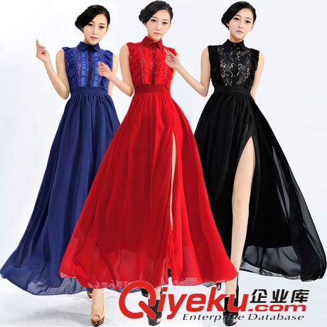 2014春夏新 翻領(lǐng) 蕾絲花邊 襯衫 修身 大擺 側(cè)開叉連衣裙 禮服裙原始圖片3