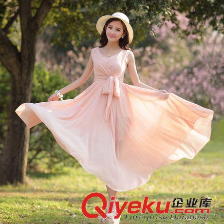 2014新款女裝連衣裙 韓版夏季修身V領(lǐng)雪紡波西米亞度假超大擺長(zhǎng)裙原始圖片3