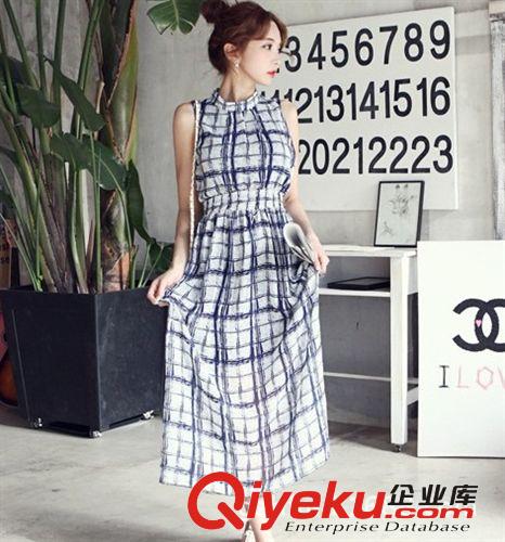 2014年韓版夏季新款女裝藍(lán)格子掛脖立領(lǐng)收腰顯瘦大擺連衣裙長(zhǎng)裙原始圖片3