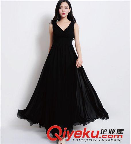 2014外貿(mào)新款女裝 收腰大擺V領(lǐng)低胸 純色美妃連衣裙長(zhǎng)裙 一件代發(fā)原始圖片2