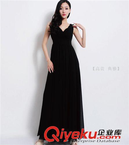 2014外貿(mào)新款女裝 收腰大擺V領(lǐng)低胸 純色美妃連衣裙長(zhǎng)裙 一件代發(fā)原始圖片3