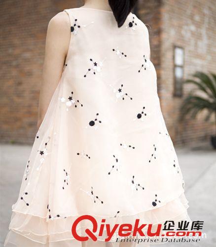 新品 周迅同款 夏季甜美歐根紗梅花刺繡層層大擺無袖蓬蓬連衣裙原始圖片3