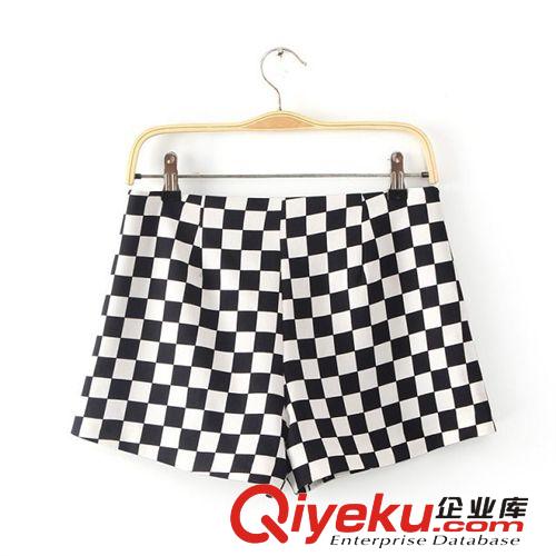 廠家直銷 歐家2014新款品牌歐洲站女裝潮黑白格子闊腿短褲熱褲女原始圖片2