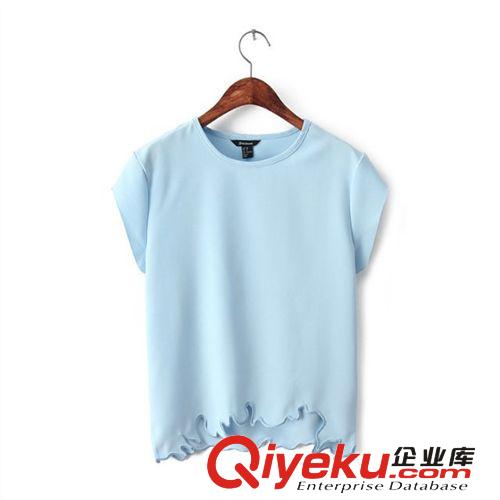 蘇顏2014歐美都市夢(mèng)幻不規(guī)則波浪邊下擺短袖T恤女裝品牌批發(fā)