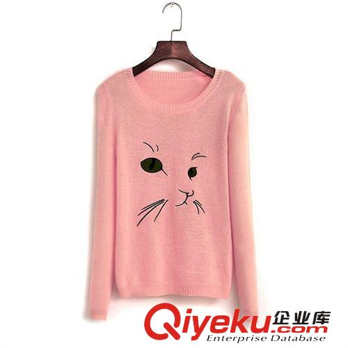 suyan時(shí)尚歐美外貿(mào)2014春裝新款貓咪刺繡套頭圓領(lǐng)兩色毛衣針織衫原始圖片3