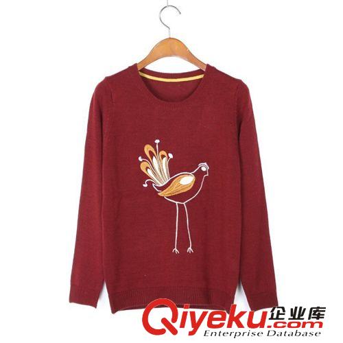 suyan時尚潮人歐美女秋裝百搭刺繡圖案圓領(lǐng)長袖薄套頭休閑毛衣