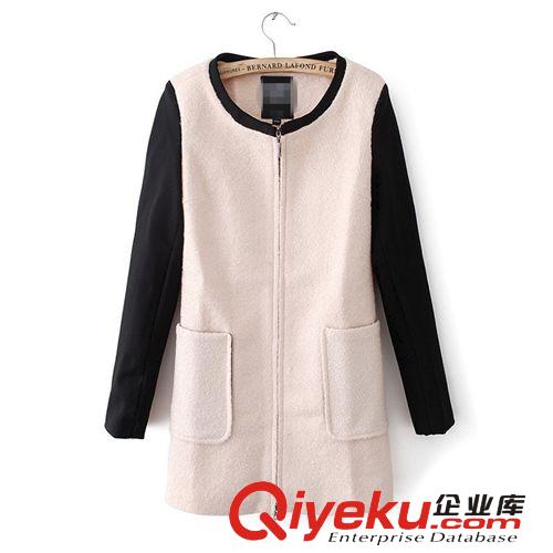 精品歐美外貿(mào)針織袖圓領(lǐng)撞色拼接時尚毛圈呢羊毛呢大衣外套
